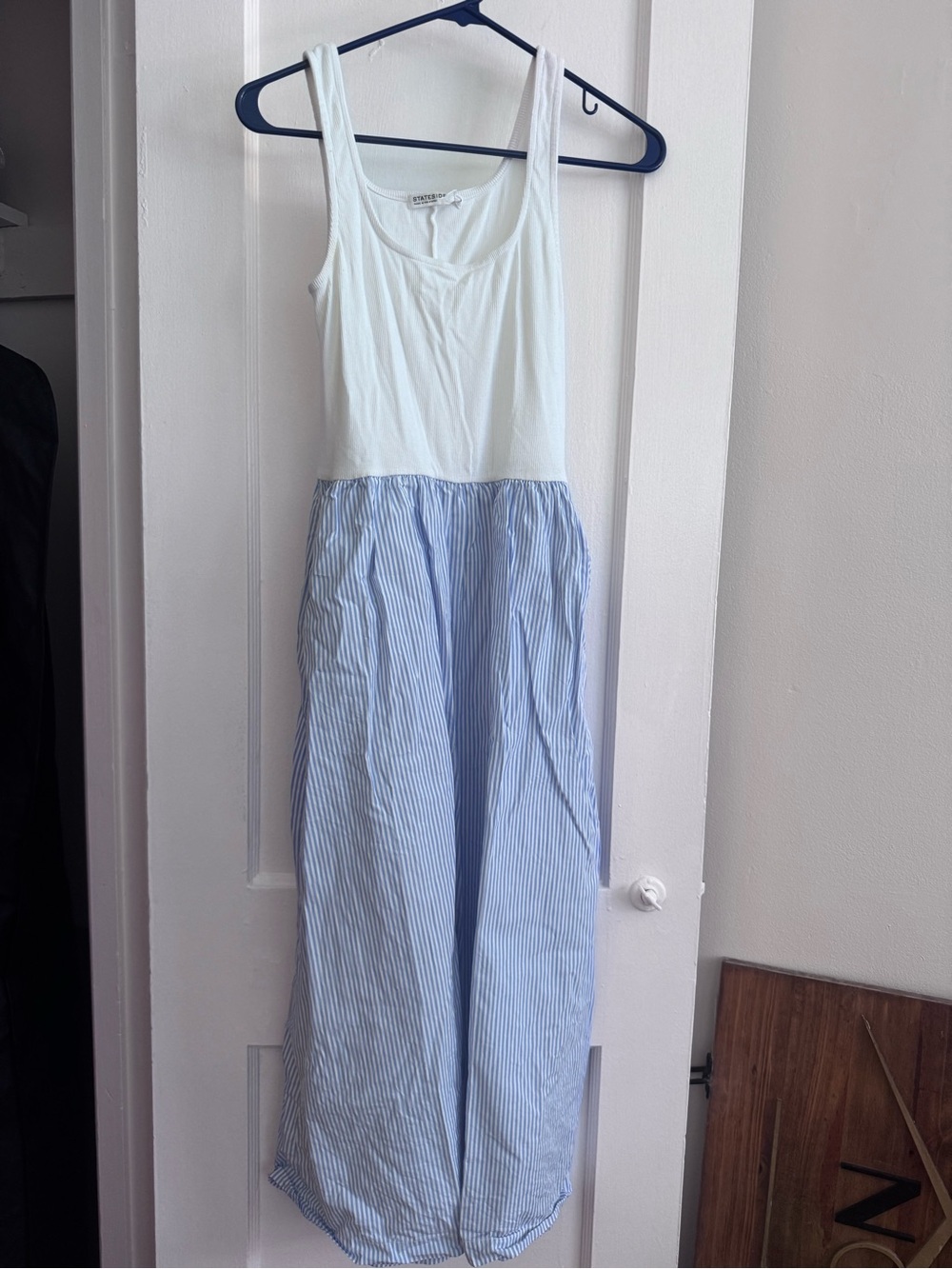 Stateside White Tank Top Maxi Jumpsuit with Light Blue Stripe Skirt